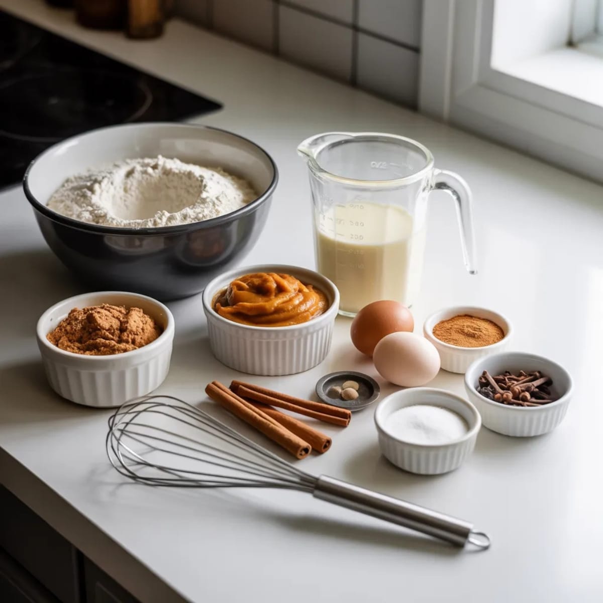 pumpkin layer cake ingredients arranged on a white kitchen counter