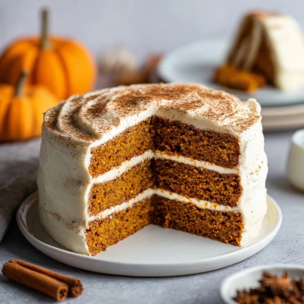 moist pumpkin layer cake with cream cheese frosting on a white kitchen counter
