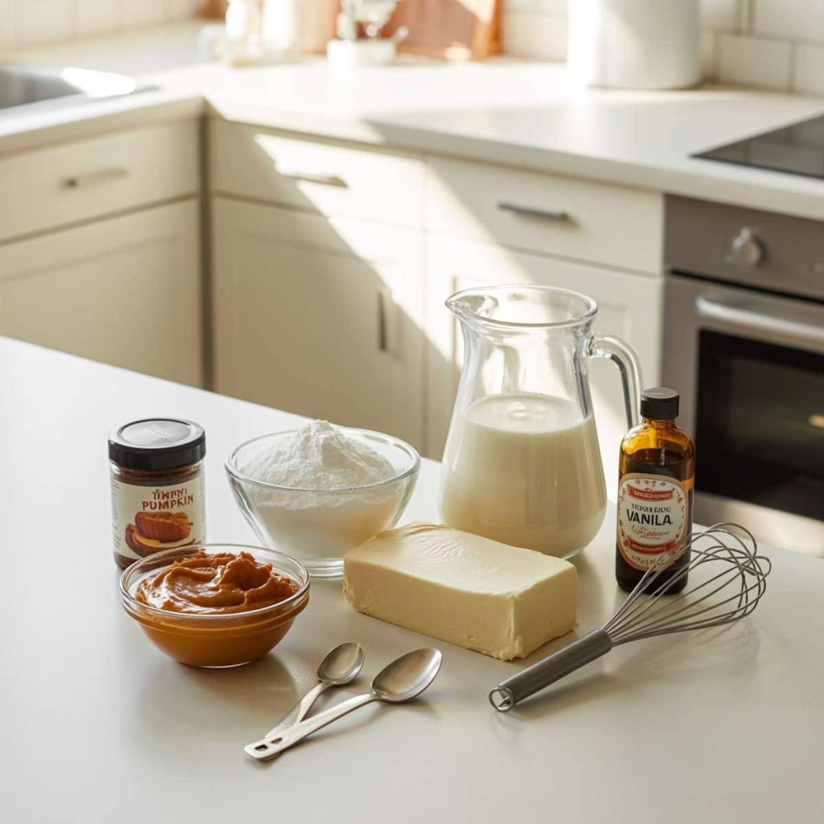 pumpkin mousse ingredients on white kitchen counter including pumpkin puree and cream cheese