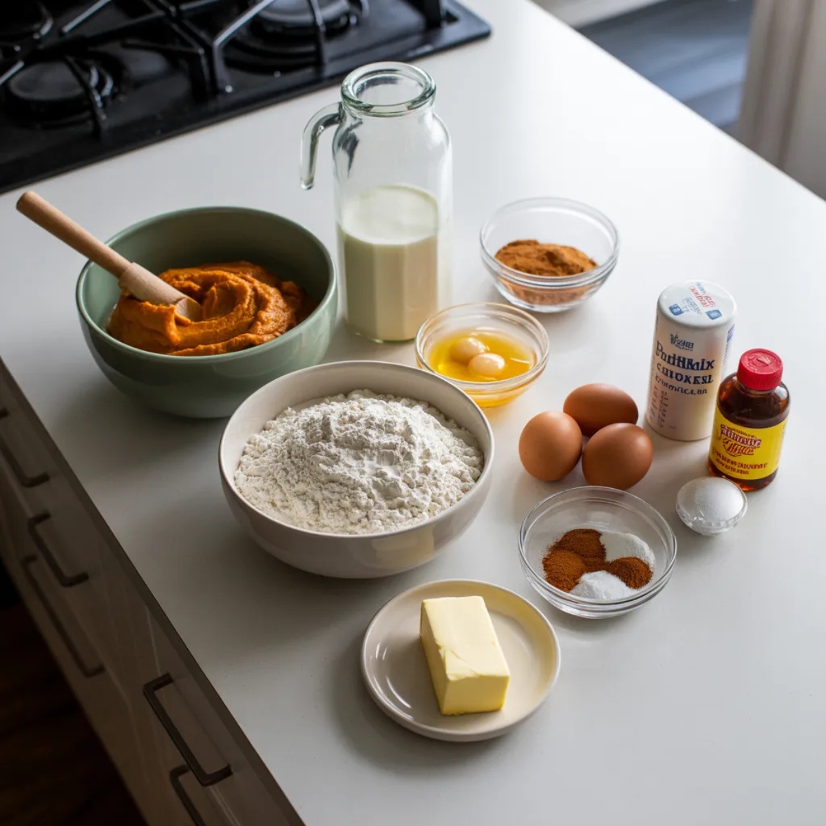 Pumpkin pancake ingredients on white kitchen counter