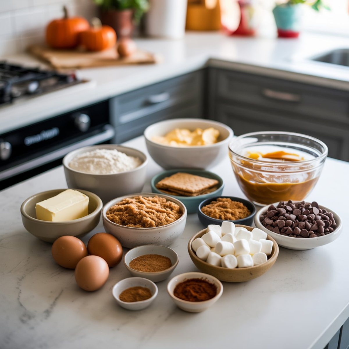 Pumpkin s’mores cookies ingredients on white kitchen counter with pumpkin puree, chocolate chips, and marshmallows.
