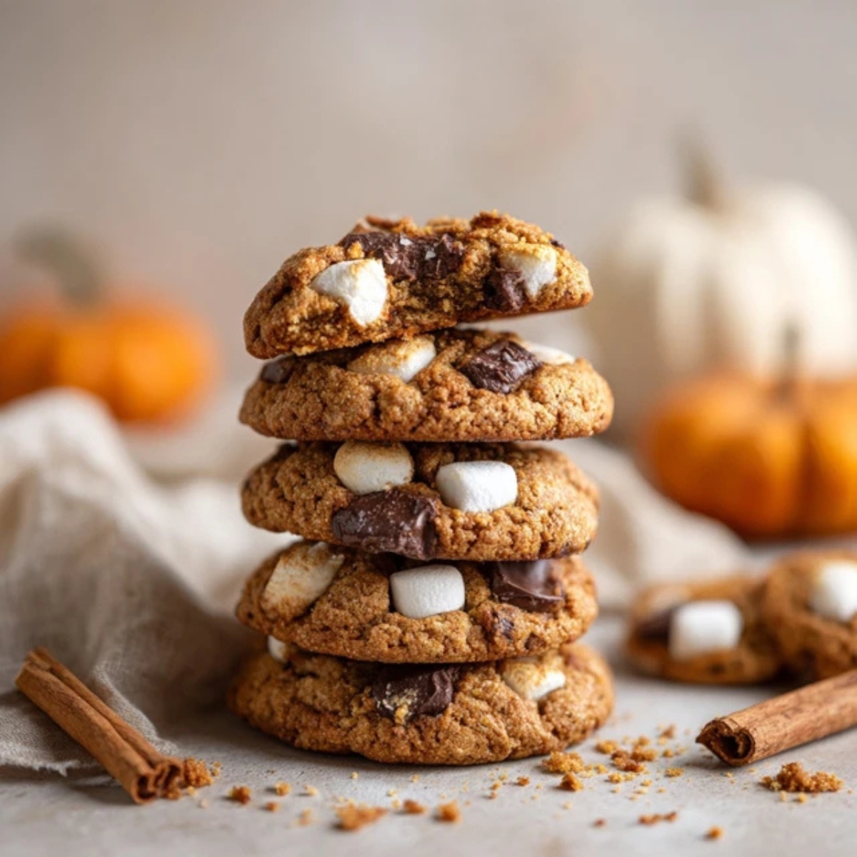Homemade pumpkin s’mores cookies stacked on white kitchen counter with gooey marshmallows and chocolate.