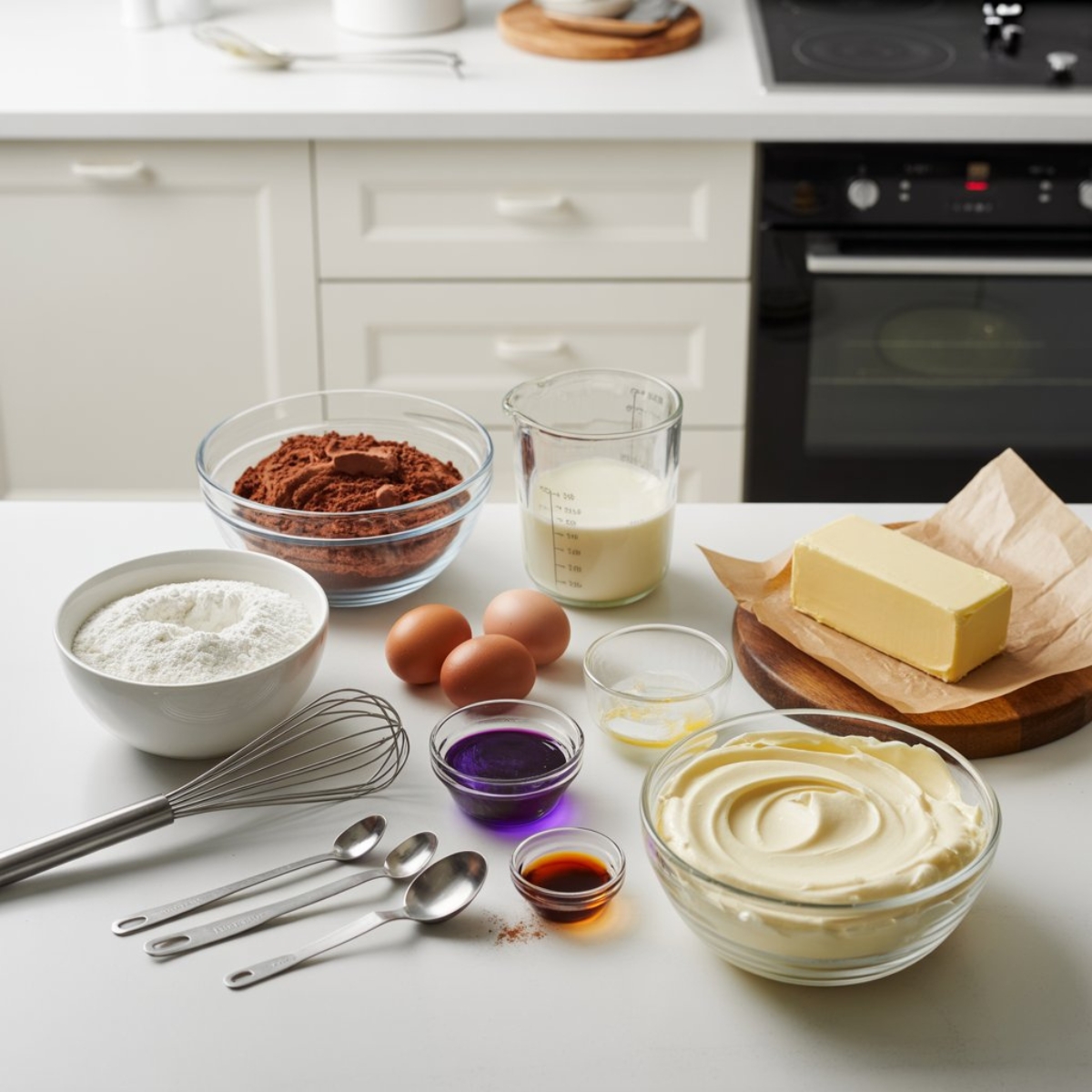 Purple velvet cake ingredients arranged on white counter
