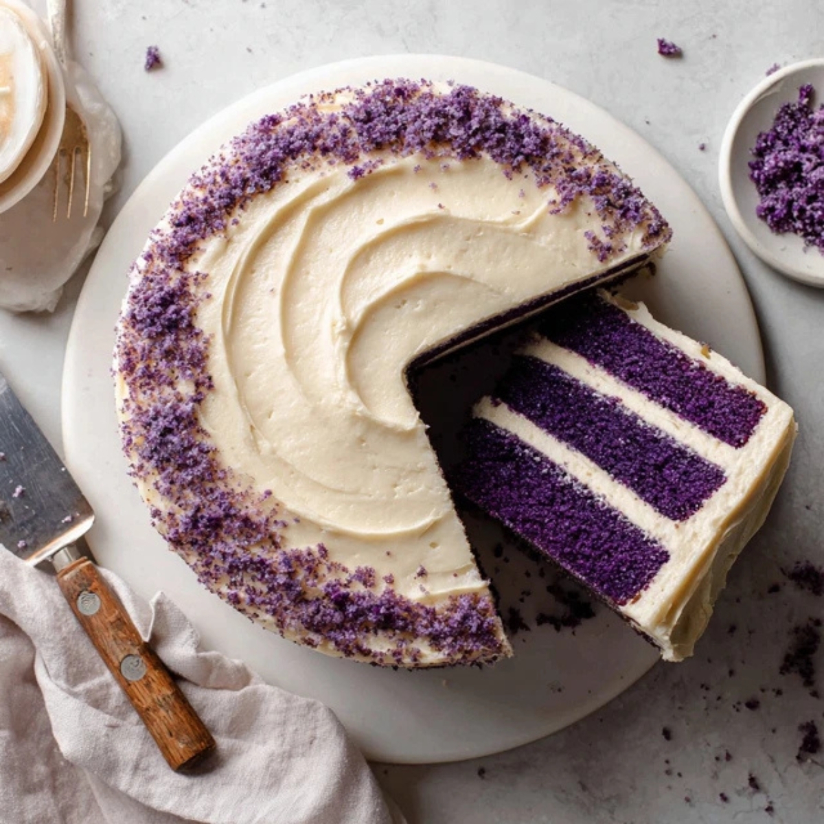 Purple velvet cake with cream cheese frosting on white counter