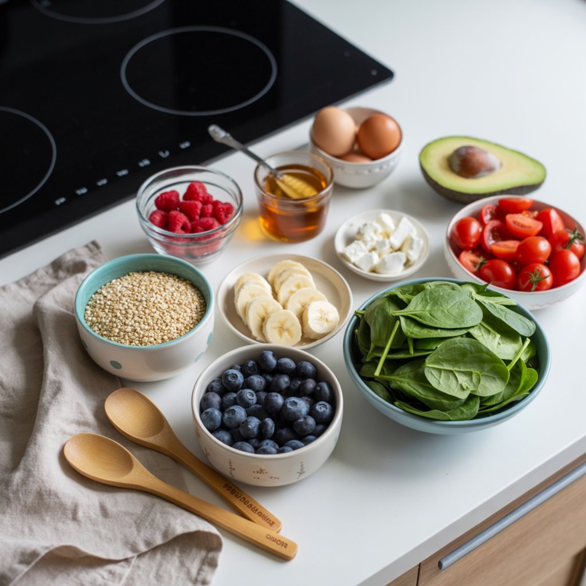 Fresh ingredients for quinoa breakfast bowl with fruit, eggs, and avocado
