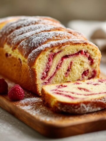 Homemade raspberry brioche loaf with sweet raspberry swirls on white kitchen counter