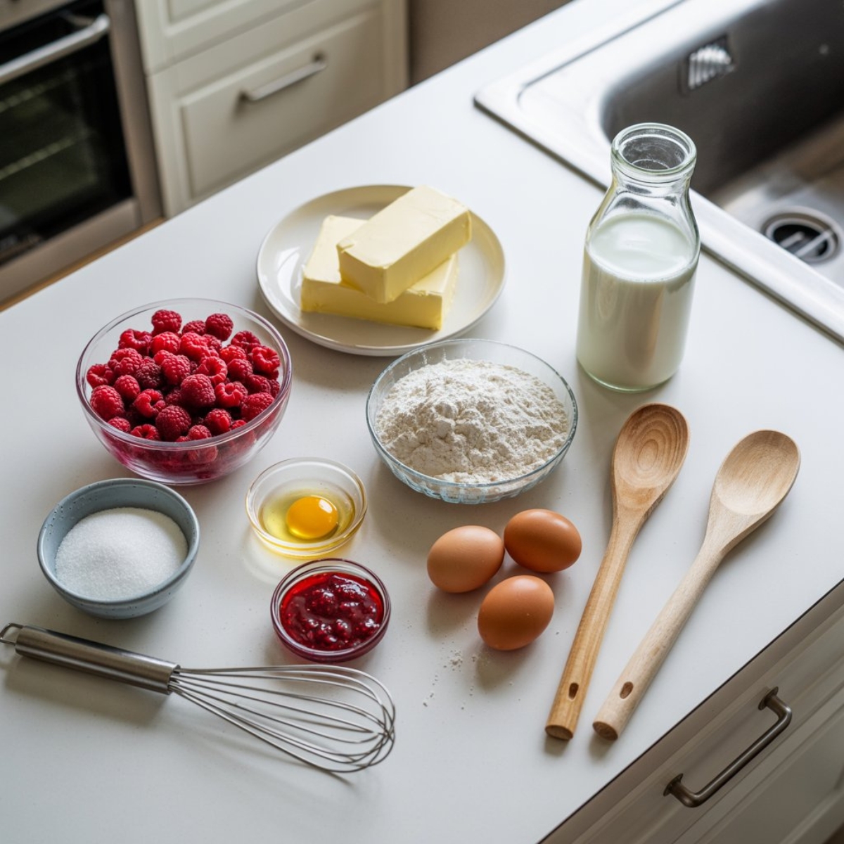 Flat lay of raspberry brioche ingredients on white kitchen counter