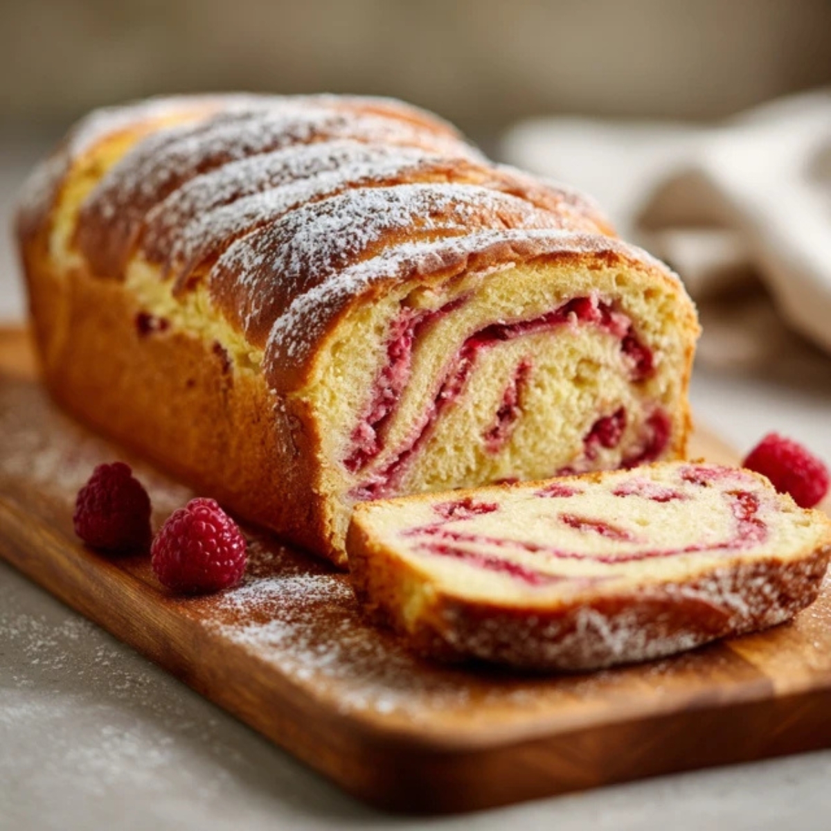 Homemade raspberry brioche loaf with sweet raspberry swirls on white kitchen counter
