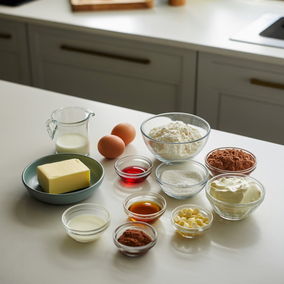 Red velvet brownies ingredients on white kitchen counter