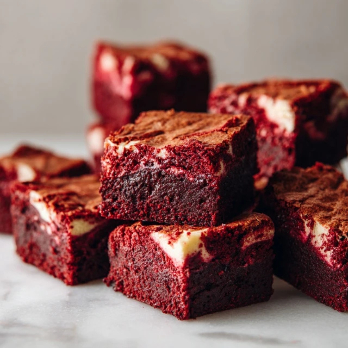 Fudgy red velvet brownies with cream cheese swirl on white kitchen counter