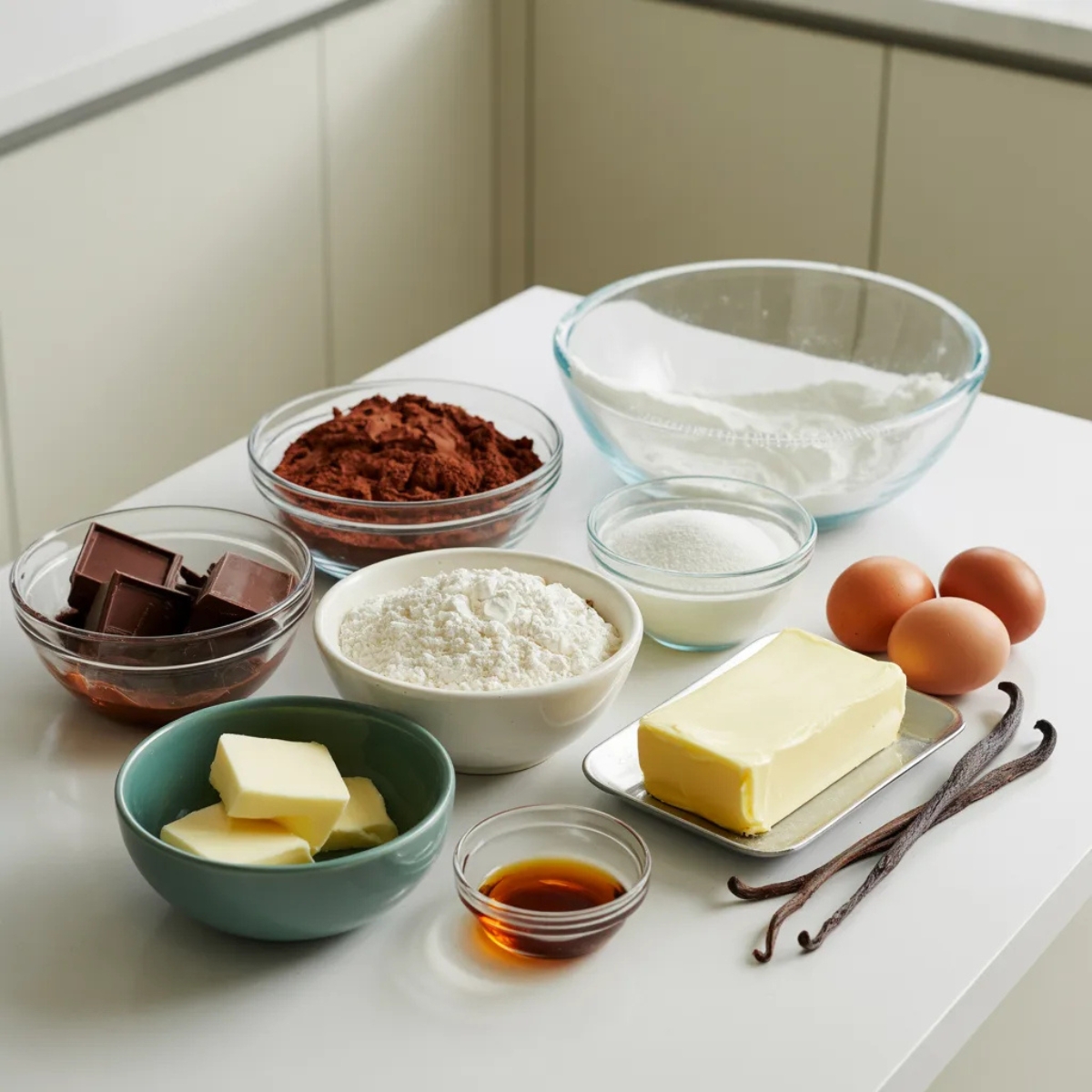 Ingredients for red velvet cheesecake brownies arranged on white kitchen counter