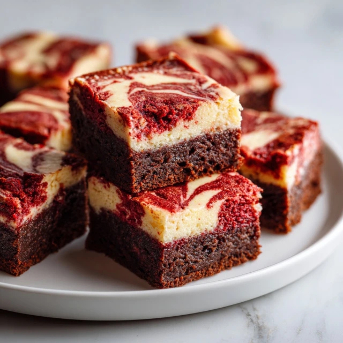 Fudgy red velvet cheesecake brownies with creamy cheesecake swirl on white plate
