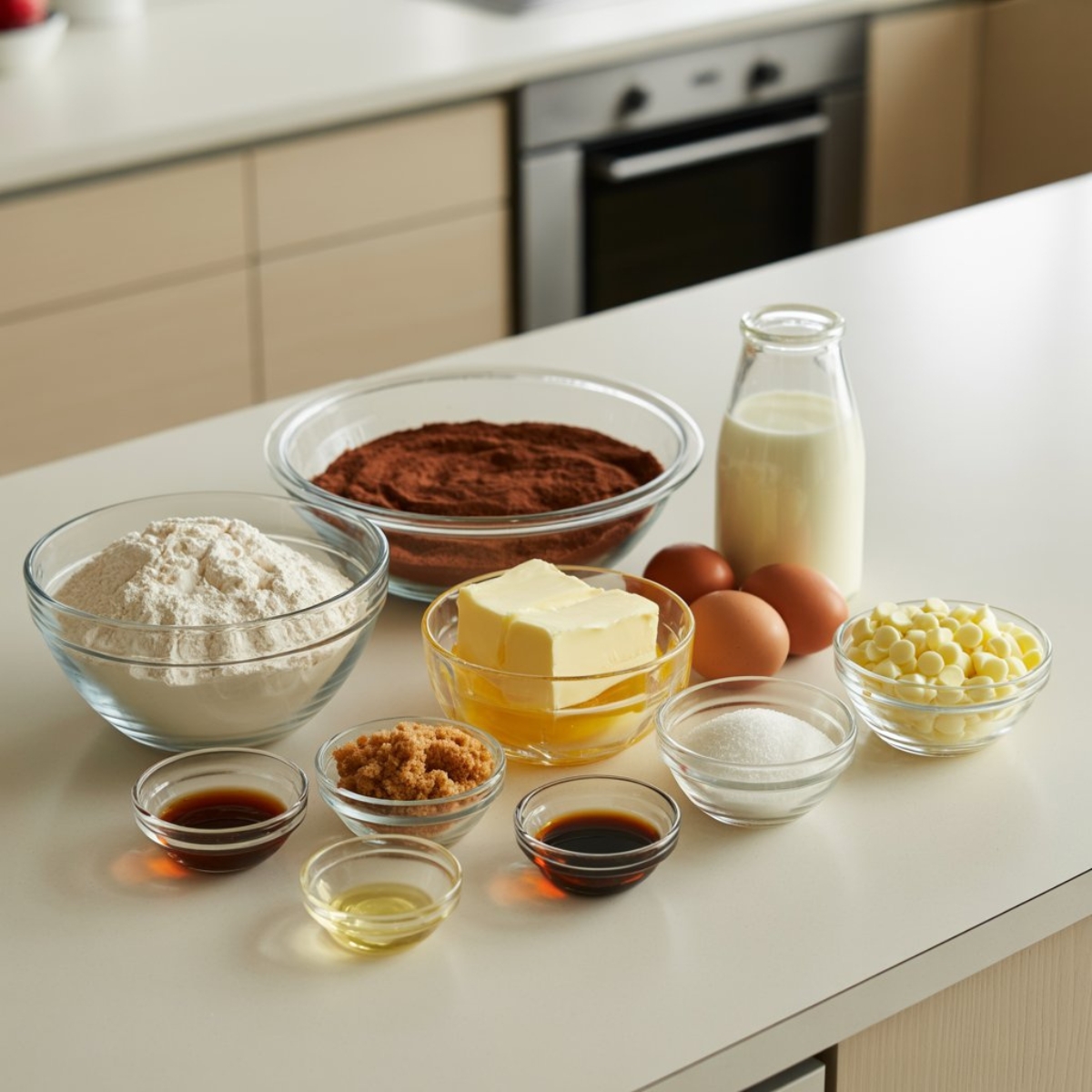 Ingredients for homemade red velvet cookies neatly arranged on white counter
