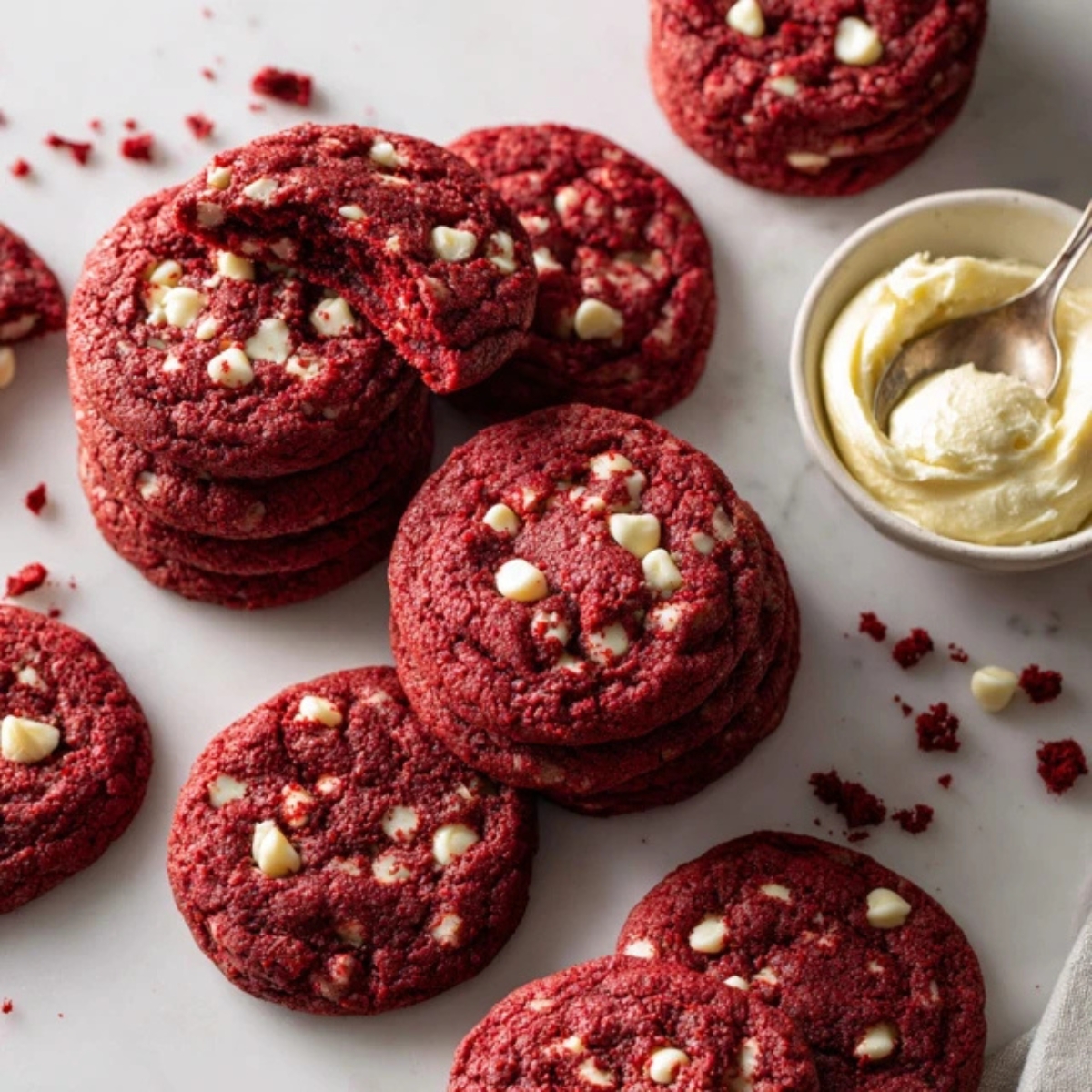 Soft chewy red velvet cookies with white chocolate chips on white kitchen counter