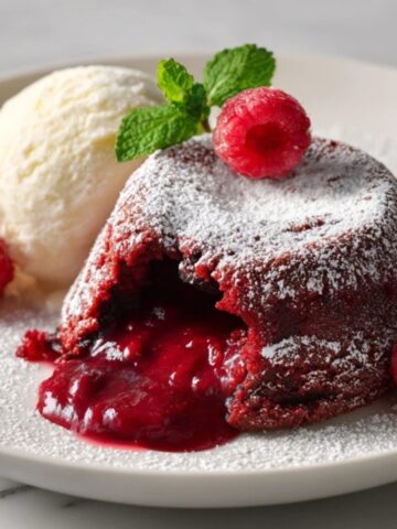 Gooey red velvet lava cake with molten center and ice cream