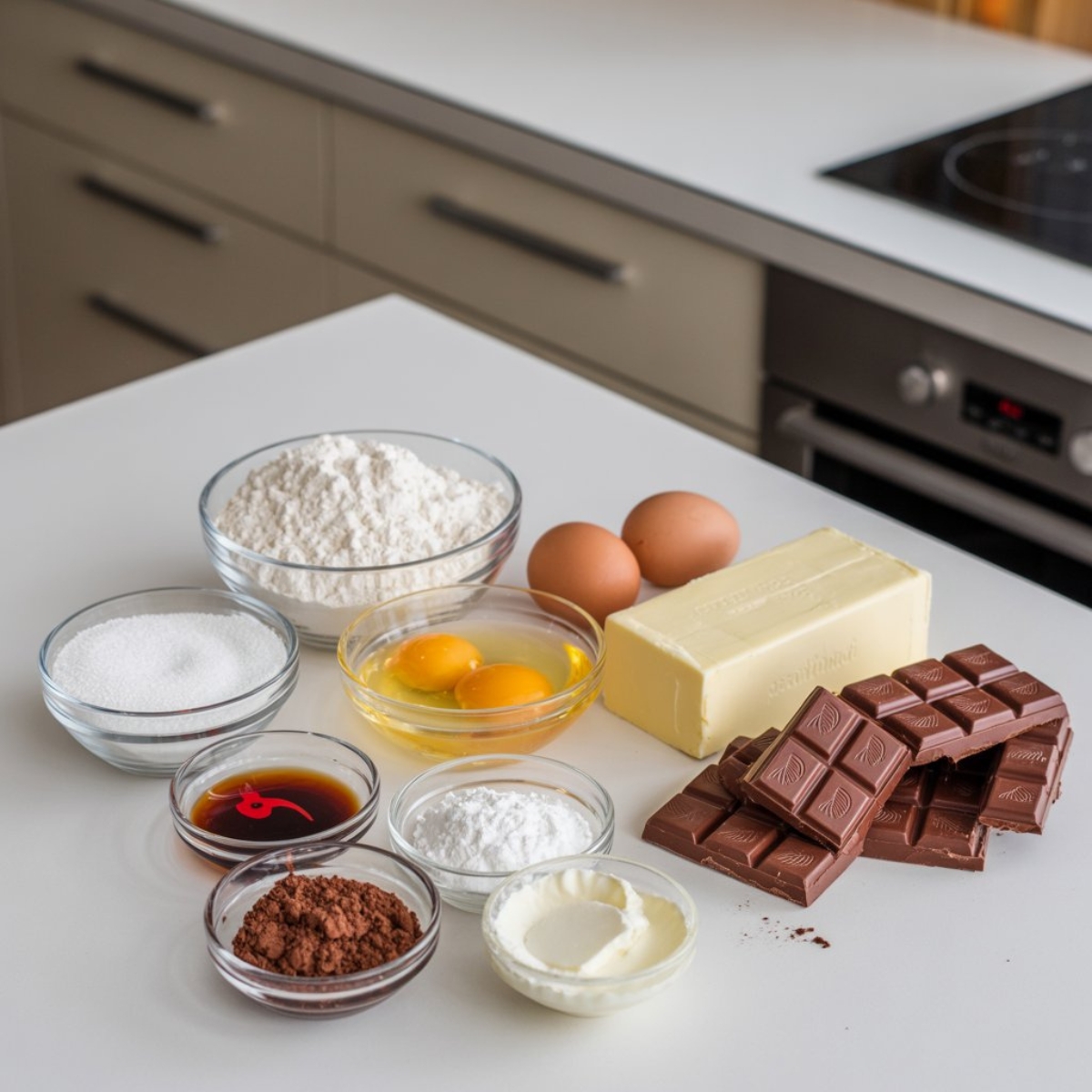 Ingredients for homemade red velvet lava cake on kitchen counter
