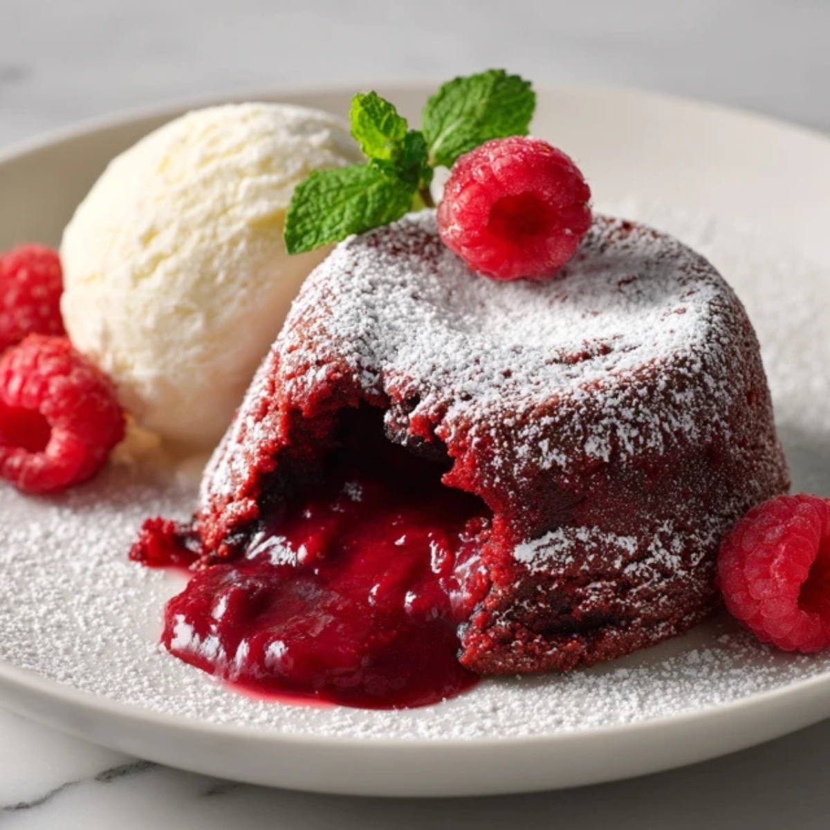 Gooey red velvet lava cake with molten center and ice cream