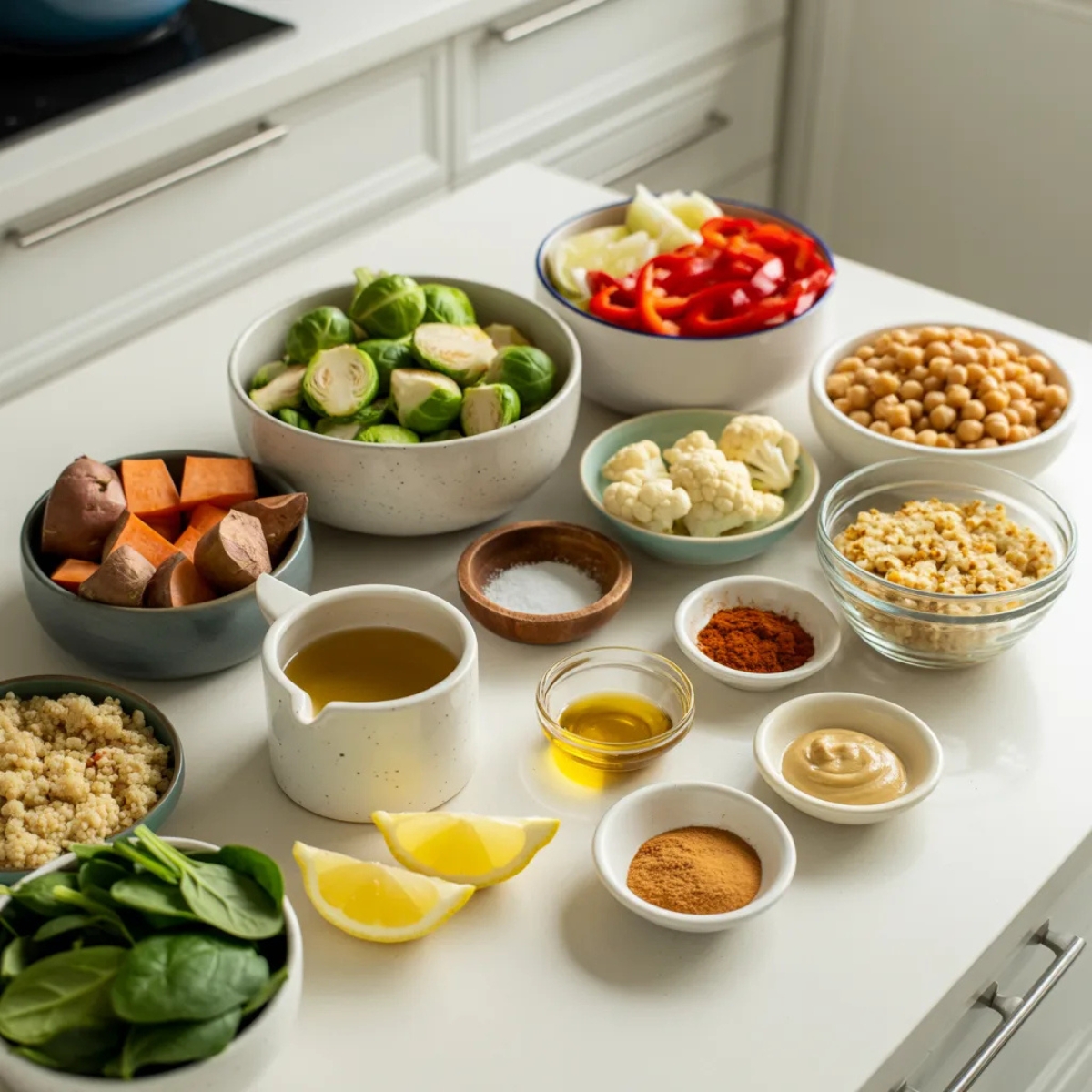 ingredients for roasted veggie bowls neatly arranged on white kitchen counter