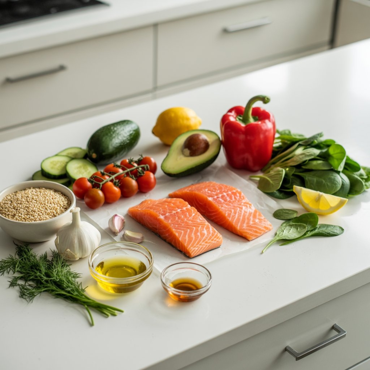 Fresh ingredients for salmon quinoa bowl including salmon, quinoa, and vegetables on white counter
