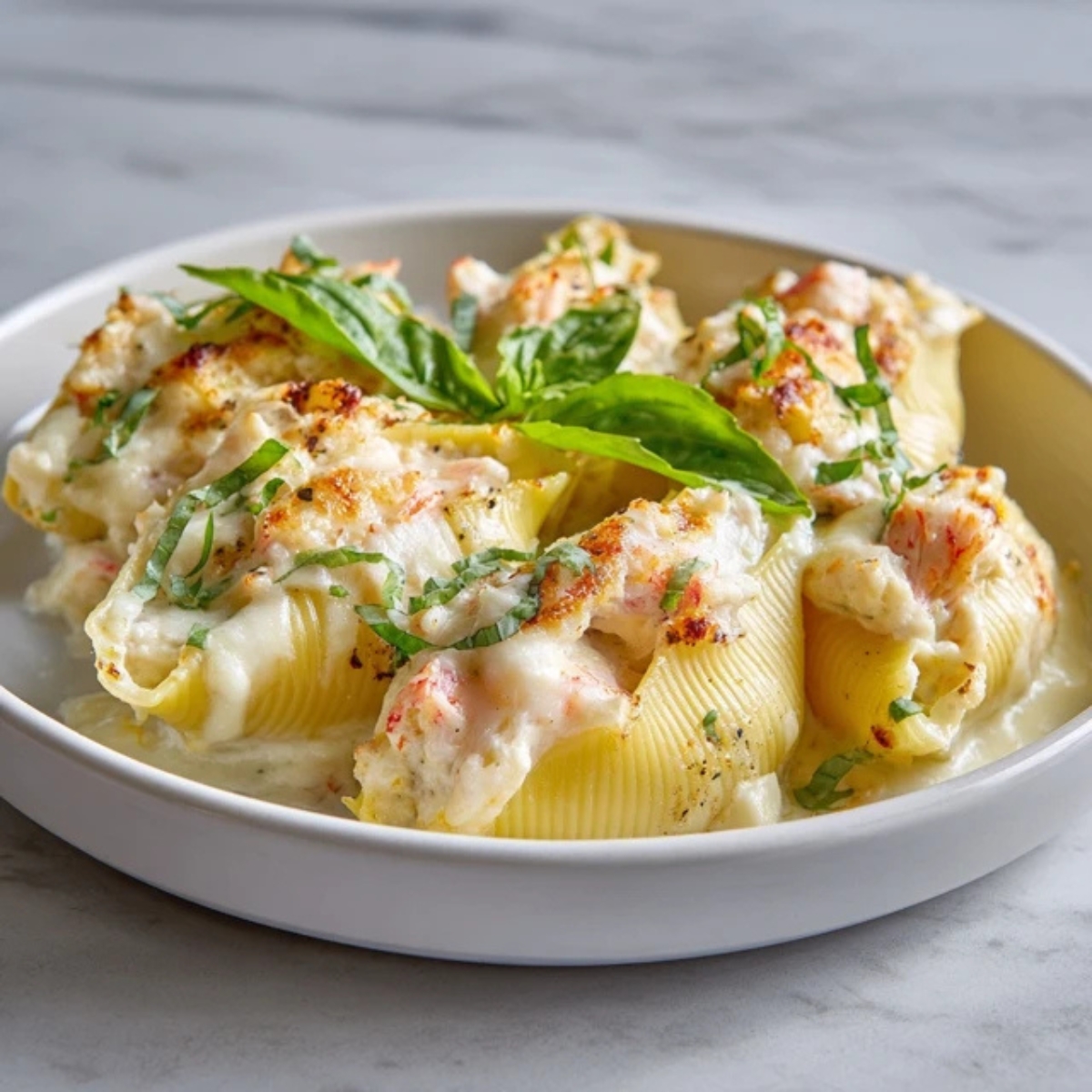 Seafood stuffed shells with creamy Alfredo sauce and basil on white kitchen counter