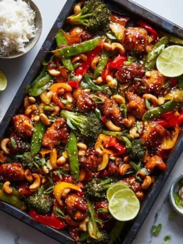 Sheet pan cashew chicken with roasted vegetables and cashews on white kitchen counter