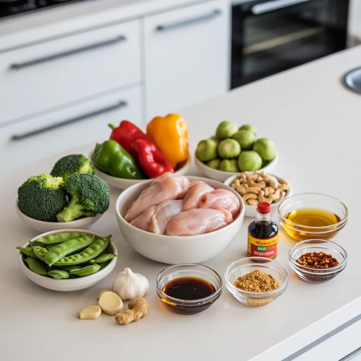 Fresh ingredients for sheet pan cashew chicken arranged in bowls on white kitchen counter