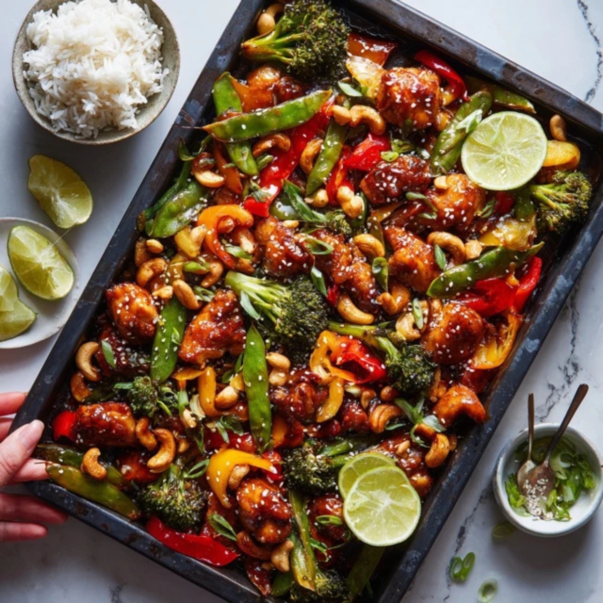 Sheet pan cashew chicken with roasted vegetables and cashews on white kitchen counter