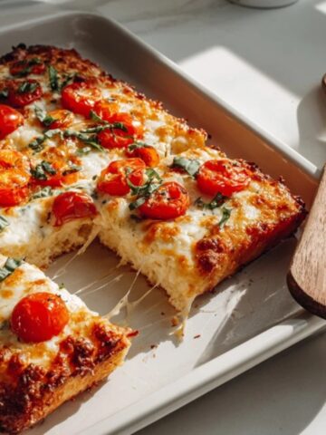 Homemade sheet pan Margherita pizza with fresh mozzarella and basil on white kitchen counter