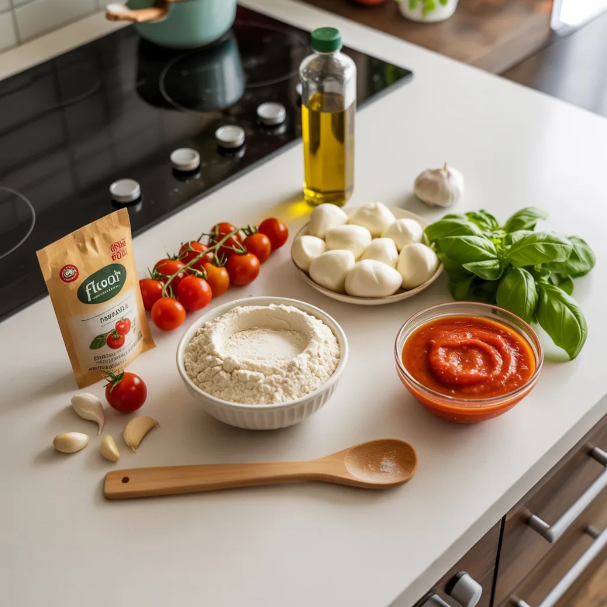 Ingredients for homemade sheet pan Margherita pizza with fresh mozzarella and basil