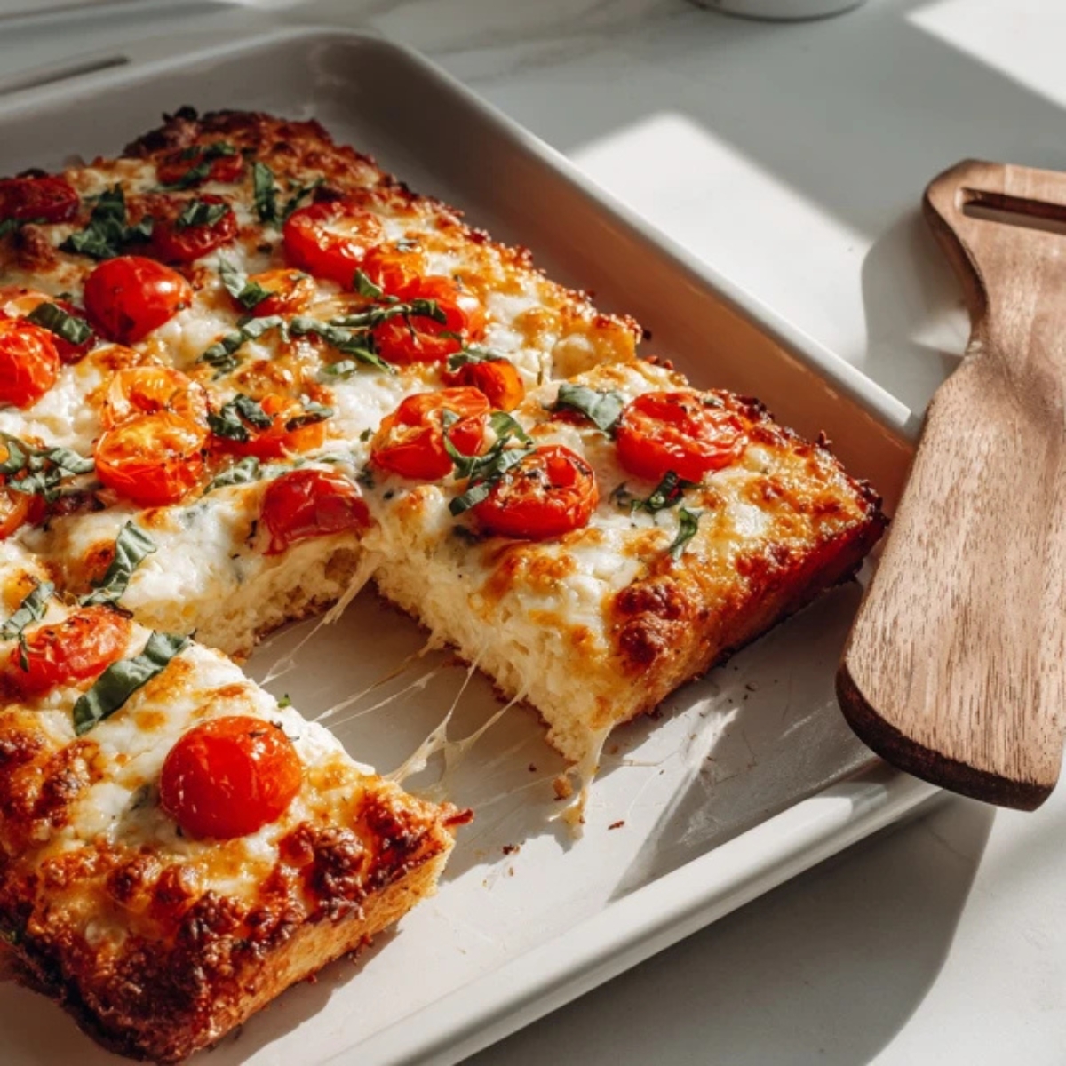 Homemade sheet pan Margherita pizza with fresh mozzarella and basil on white kitchen counter