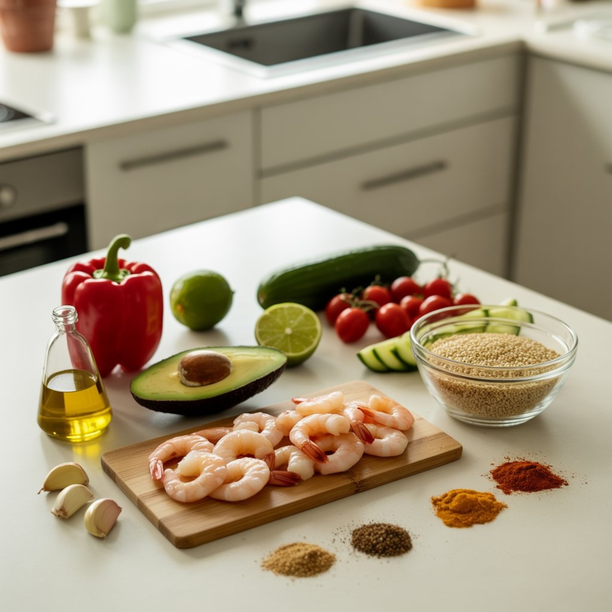 fresh ingredients for shrimp quinoa bowl arranged on white kitchen counter