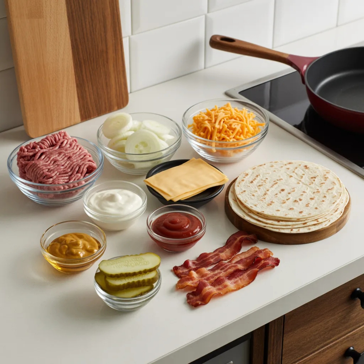 fresh ingredients for smashburger quesadilla including beef, cheese, tortillas, onions, and sauce on white kitchen counter