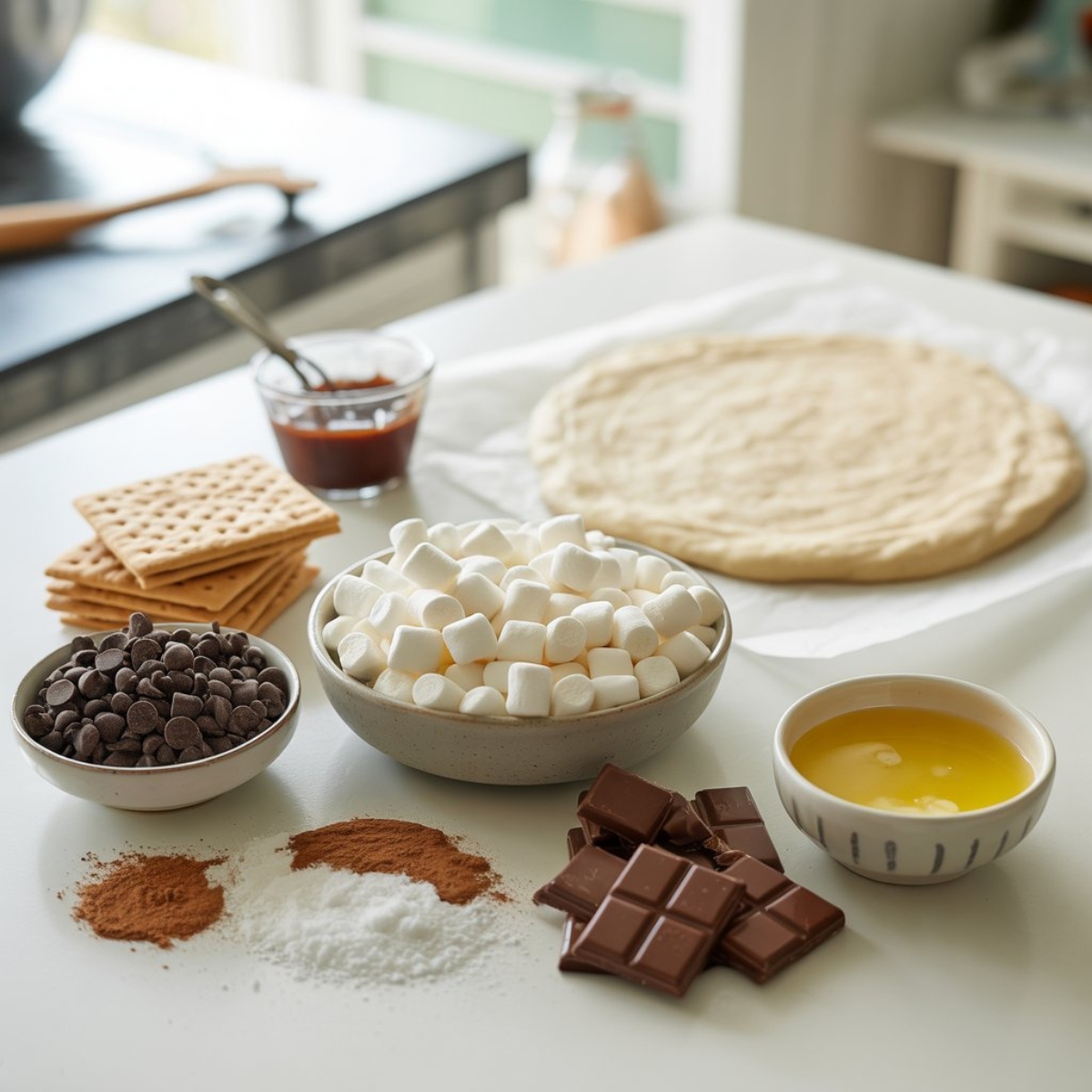smores pizza ingredients on white counter with chocolate marshmallows and graham crackers