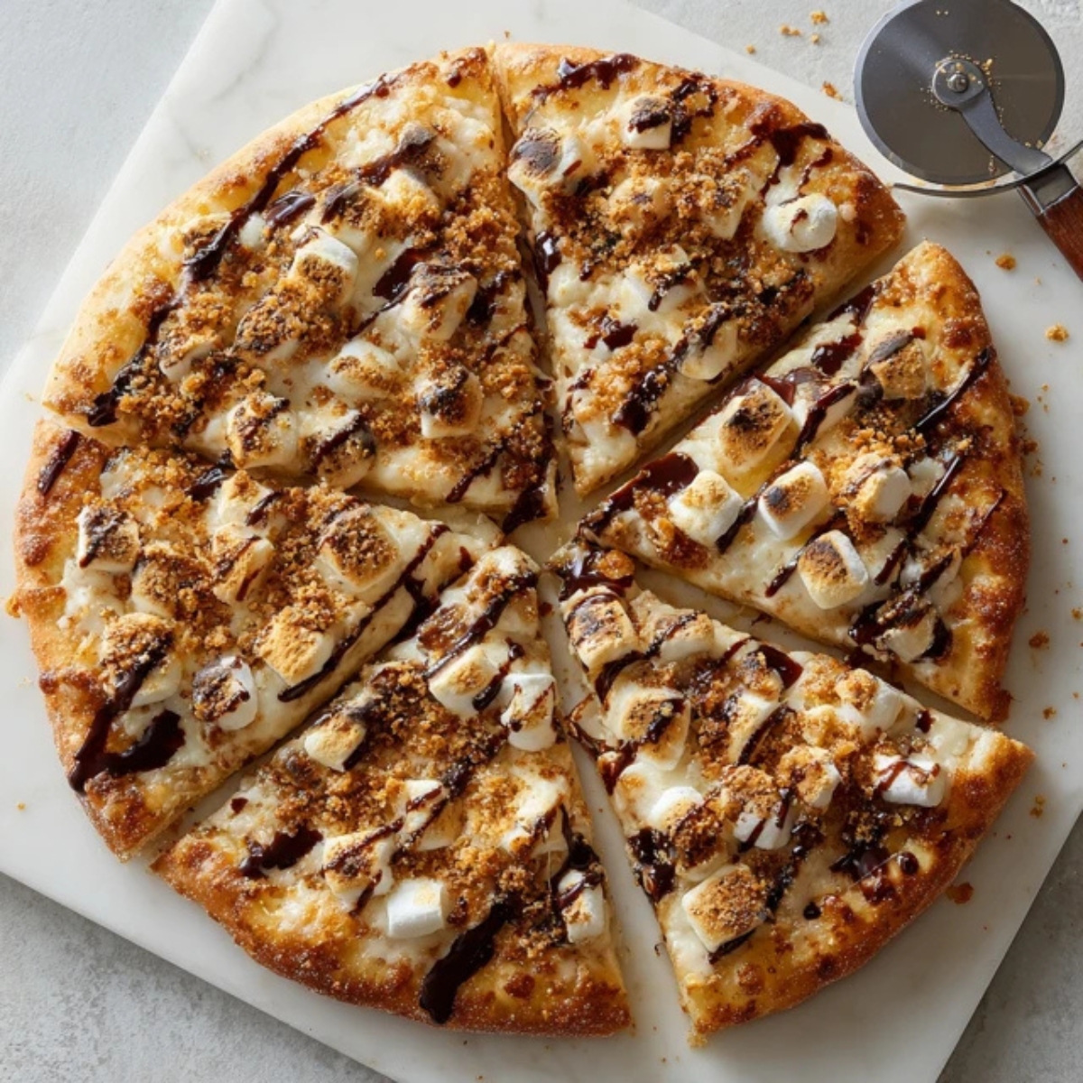gooey chocolate marshmallow smores pizza on white kitchen counter