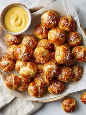 golden buttery pretzel bites with cheese dip on white kitchen counter