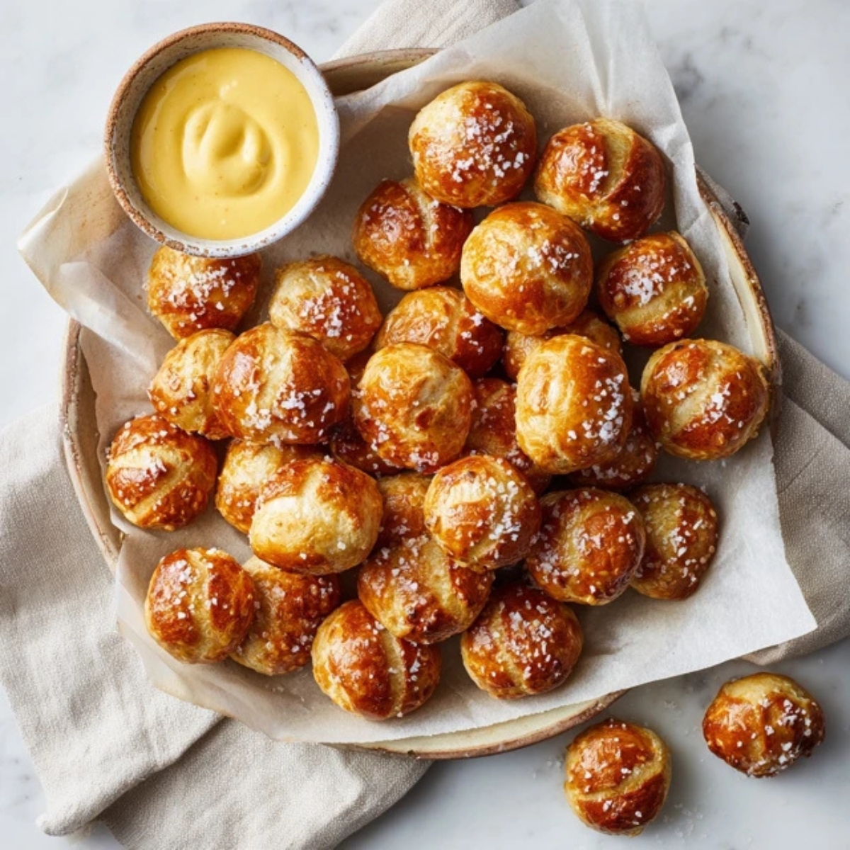 golden buttery pretzel bites with cheese dip on white kitchen counter