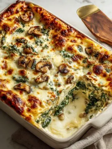 Homemade spinach and mushroom lasagna with golden cheese topping on white kitchen counter