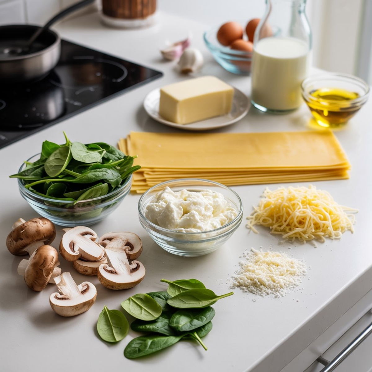 Fresh spinach mushrooms cheeses and pasta ingredients for vegetarian lasagna on white kitchen counter
