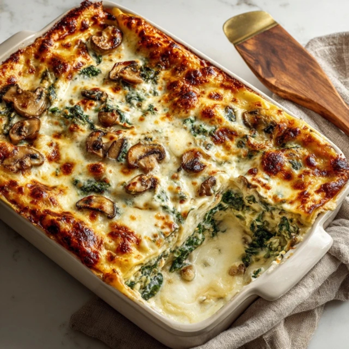 Homemade spinach and mushroom lasagna with golden cheese topping on white kitchen counter
