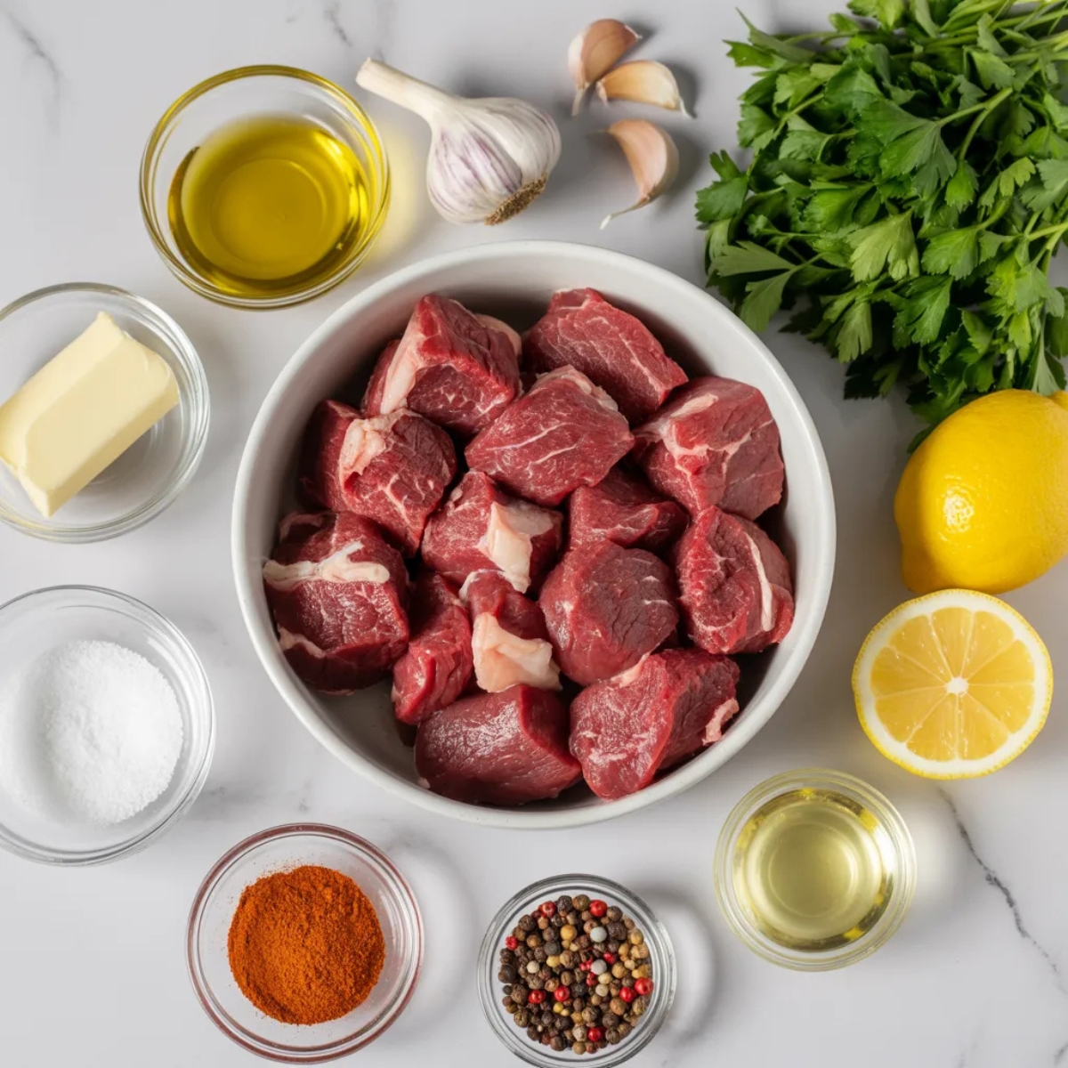 Steak bites ingredients arranged on white kitchen counter