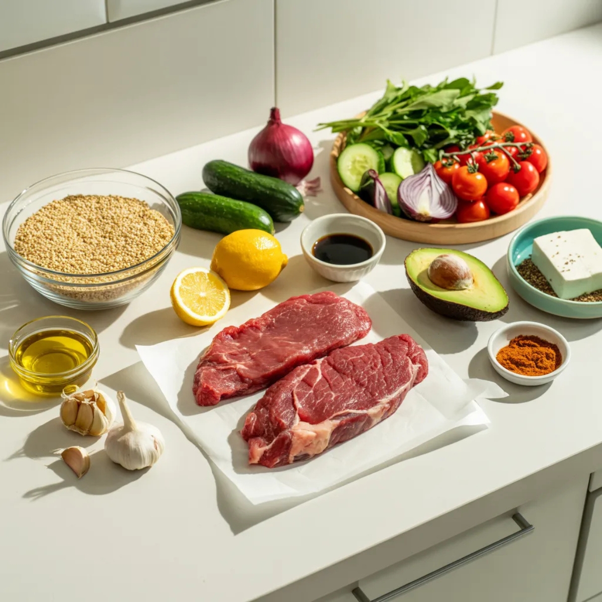Ingredients for steak quinoa bowl arranged on white counter