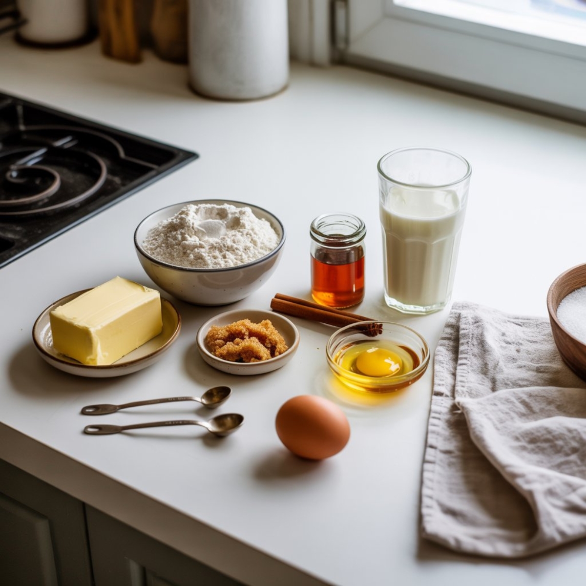 Flat lay of stroopwafel ingredients on white kitchen counter