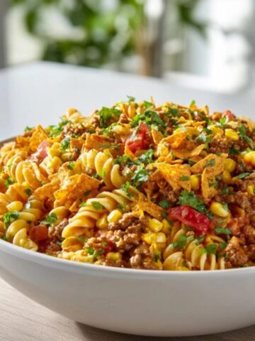 Creamy taco pasta salad with ground beef, cheese, and Doritos in white bowl
