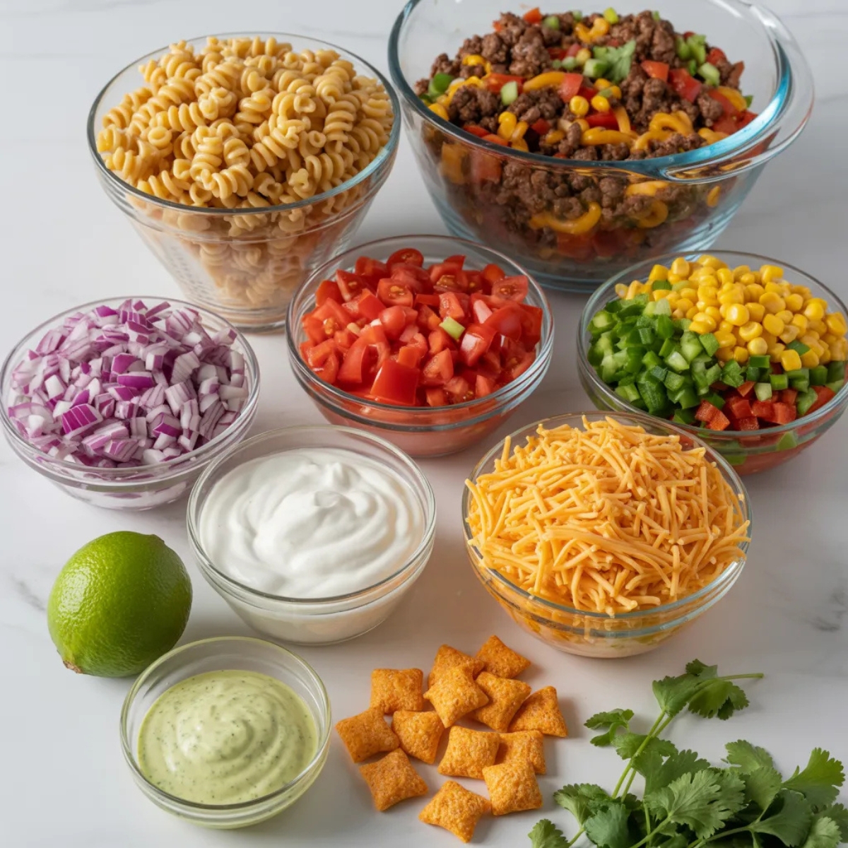 Taco pasta salad ingredients in bowls on white counter