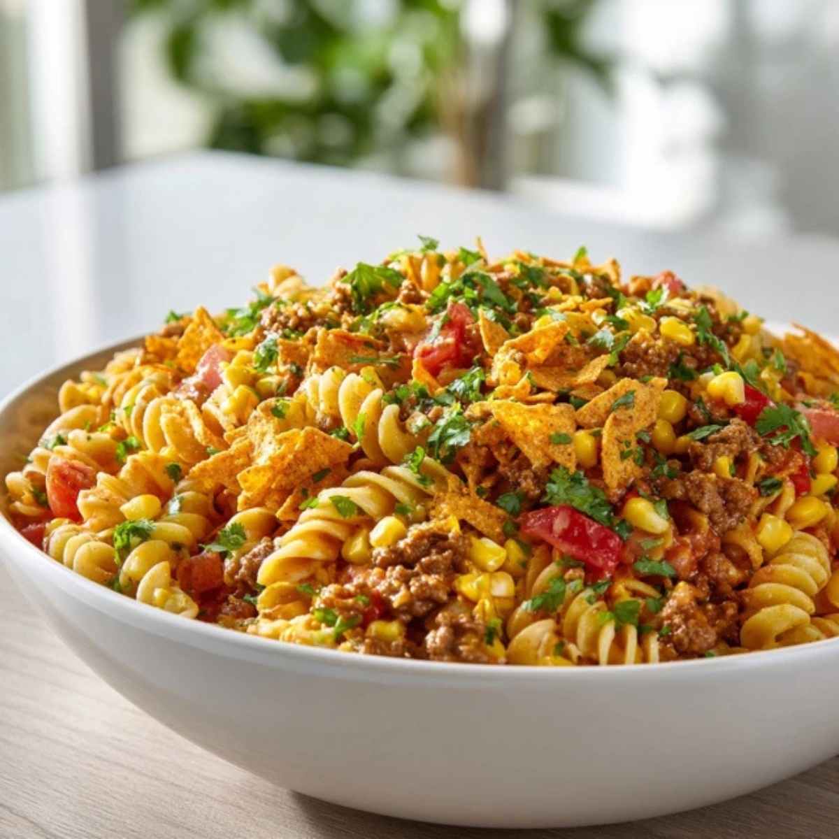 Creamy taco pasta salad with ground beef, cheese, and Doritos in white bowl