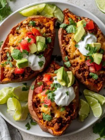 taco stuffed sweet potatoes topped with avocado, cheese, and salsa on white kitchen counter