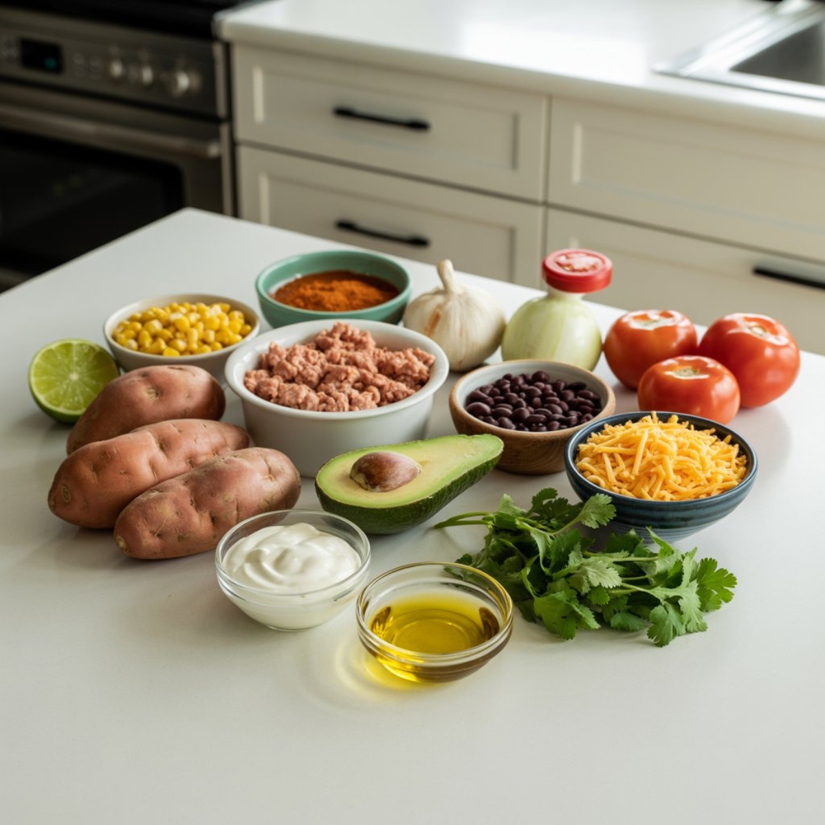 taco stuffed sweet potatoes ingredients laid out on white kitchen counter