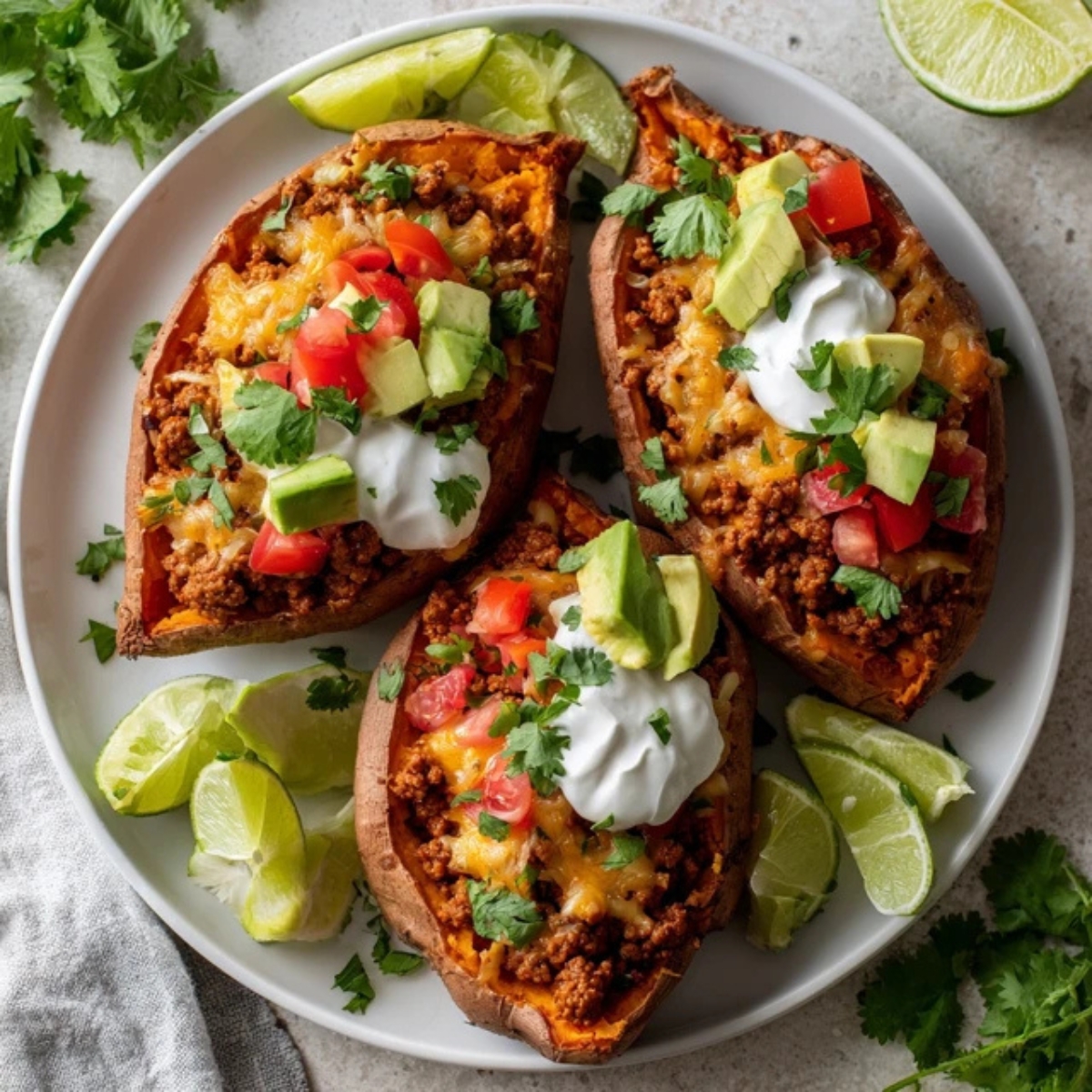 taco stuffed sweet potatoes topped with avocado, cheese, and salsa on white kitchen counter