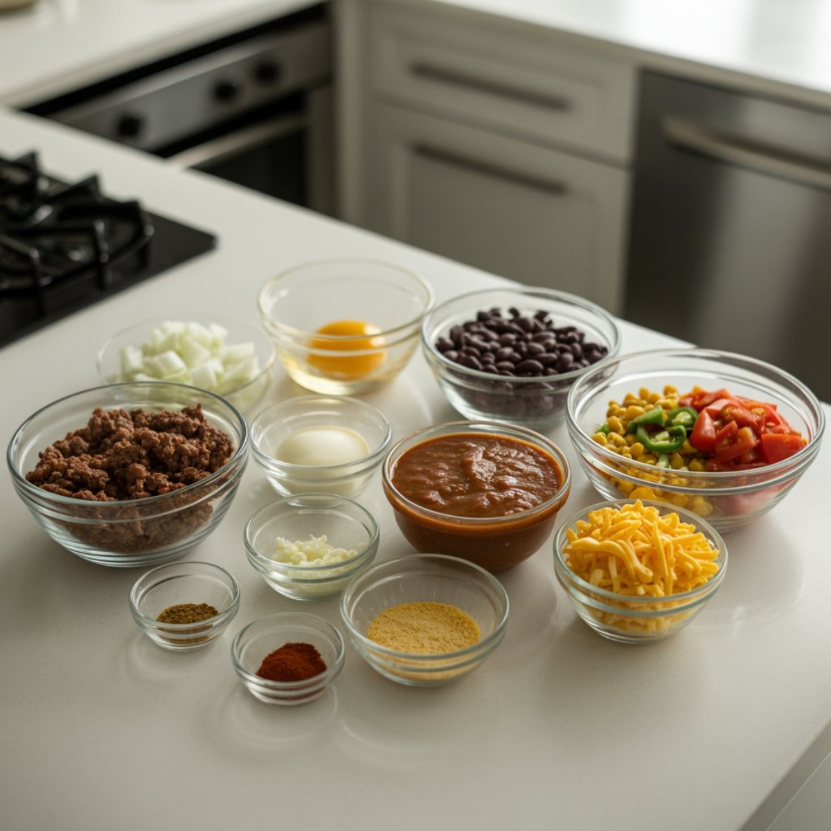 tamale pie casserole ingredients in bowls on white kitchen counter