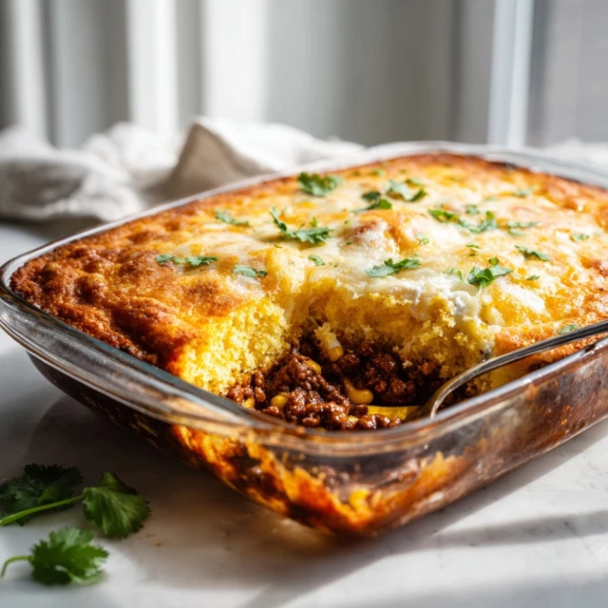 golden tamale pie casserole with cornbread topping on white kitchen counter
